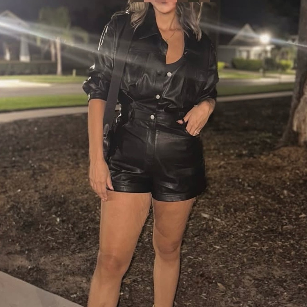 Black Leather Shirt and Shorts romper jumpsuit (one piece) large